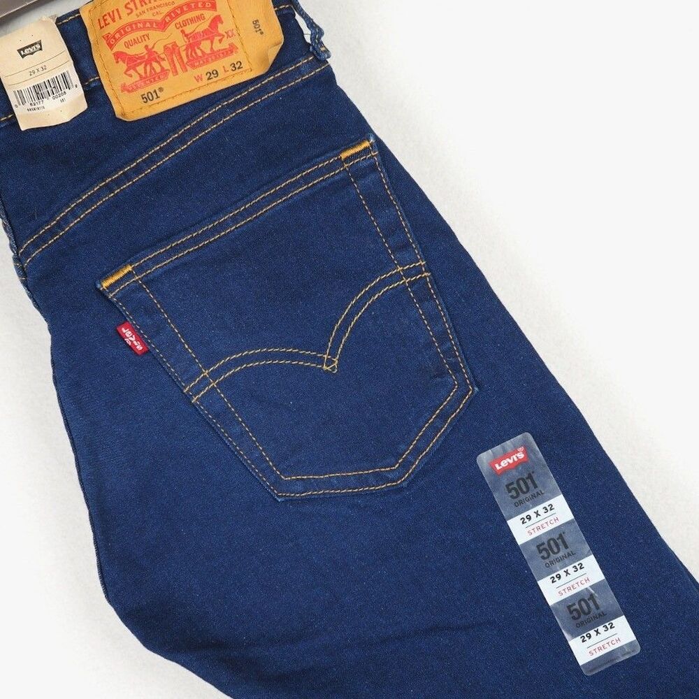 NEW Levis 501 Straight Button Fly Stretch Jeans Mens 29x32 Rinse Dark Wash READ
